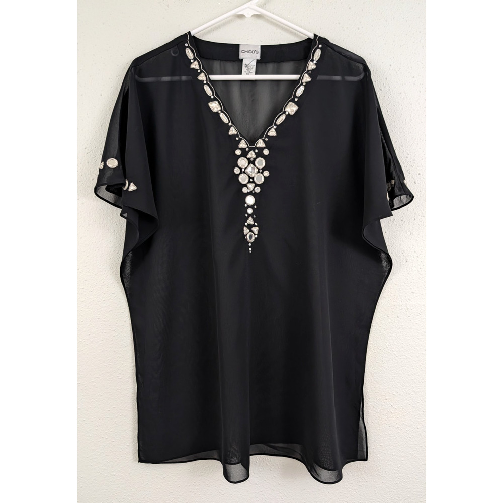 Chico's sz 1 Sheer Tunic Blouse jeweled or sequined black short sleeve top 1423